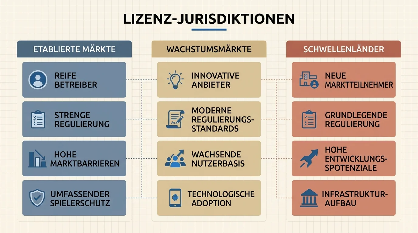 Strukturkarte der Anbieter-Landschaft im deutschen Online-Glücksspielmarkt nach Lizenzjurisdiktionen MGA, Curaçao und Anjouan ohne konkrete Markennennungen