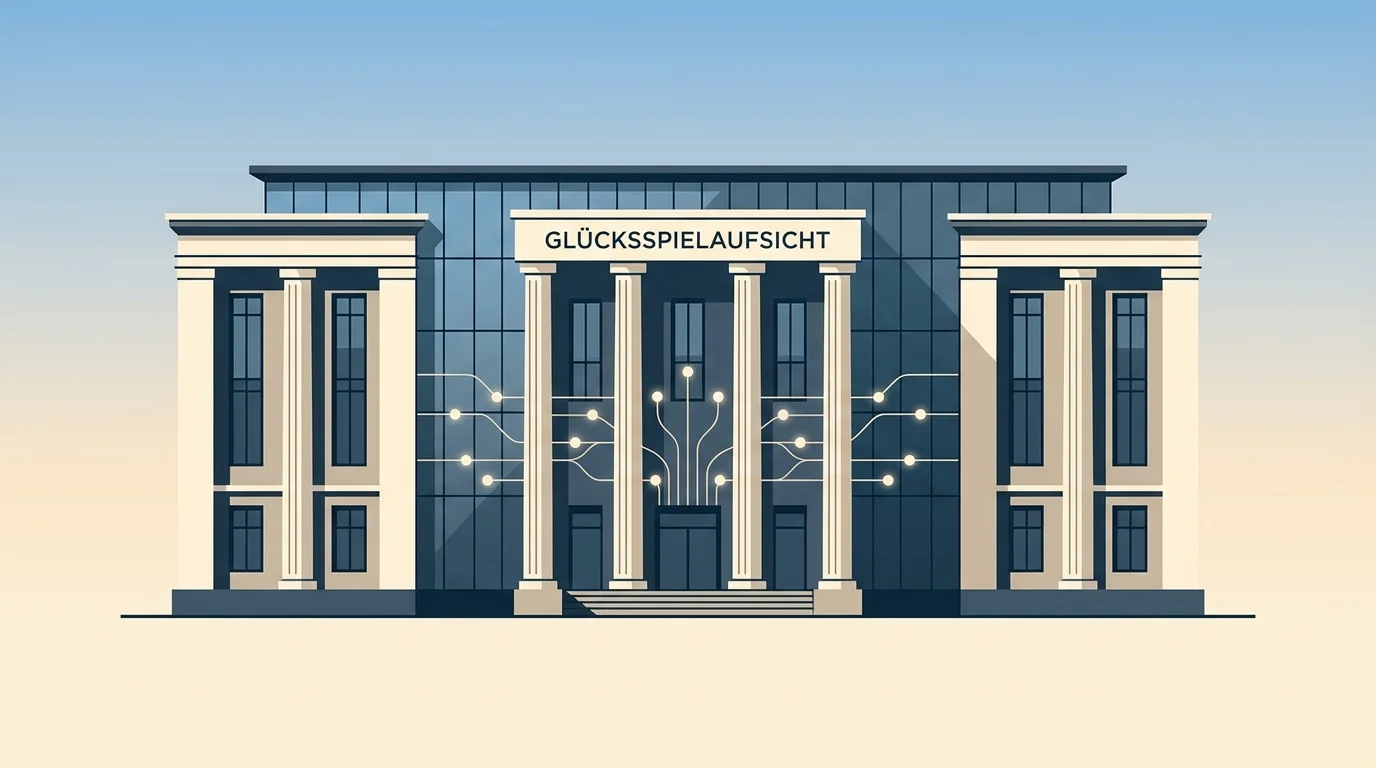 Stilisierte Darstellung des Behördensitzes der GGL in Halle an der Saale mit Symbolen für Lizenzerteilung und Marktaufsicht