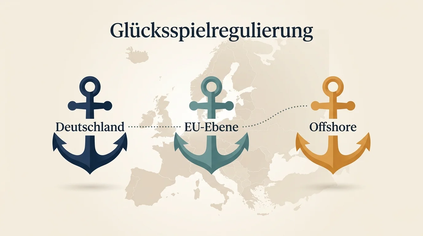 Schematische Darstellung der drei Anbieterkategorien im deutschen Online-Glücksspielmarkt mit GGL-Lizenz, EU-Lizenz und Offshore-Lizenz